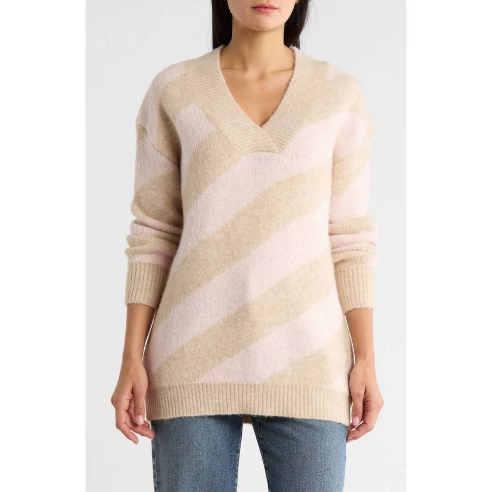 NEW FRNCH glen lake striped v neck sweater in creme